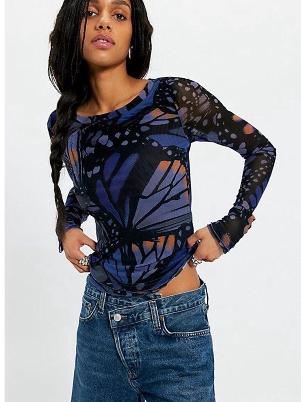 Free People Lily Printed Boatneck Long Sleeve Mesh Butterfly-Print Top - Blue